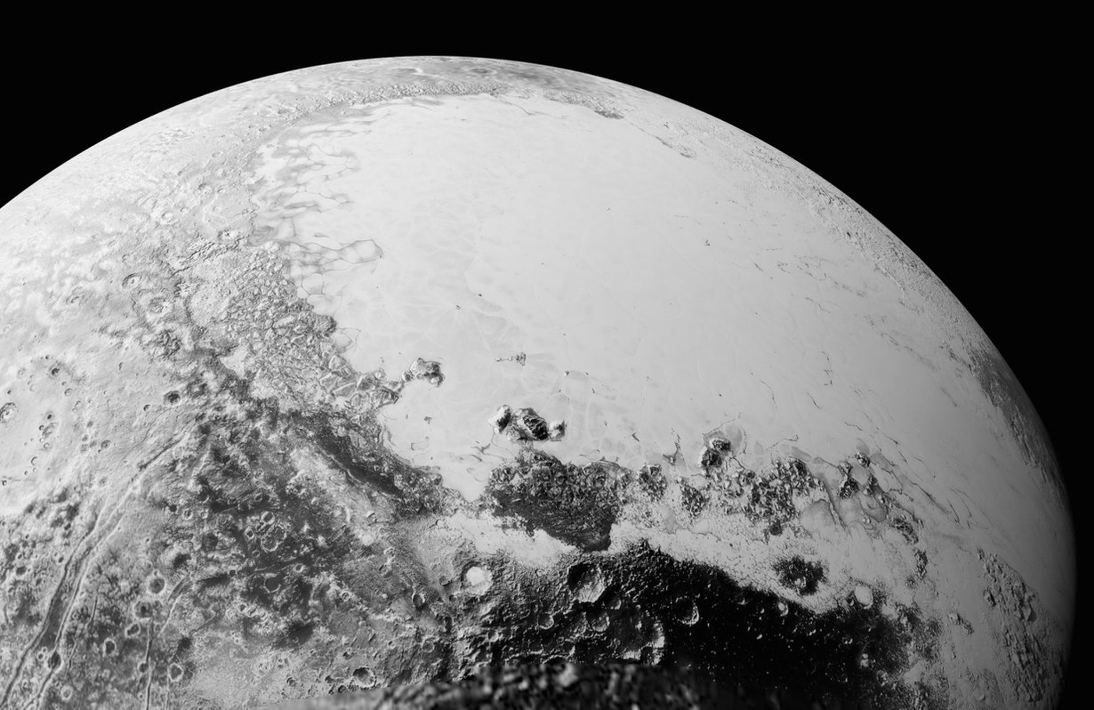 Cthulhun kraatterialue ja Sputnikin jäätikkö Plutossa. Kuva: Nasa
