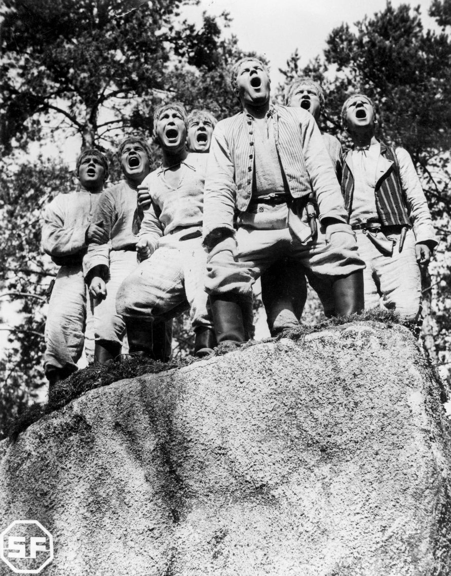 Monta poikaa tai tyttöä samassa perheessä kertoo tutkijan mukaan onnekkaasta sattumasta, ei perimästä. Kuva on Wilho Ilmarin ohjaamasta Seitsemän veljestä -elokuvasta vuodelta 1939. Kuva: <span class="photographer">YLE TV 2</span>
