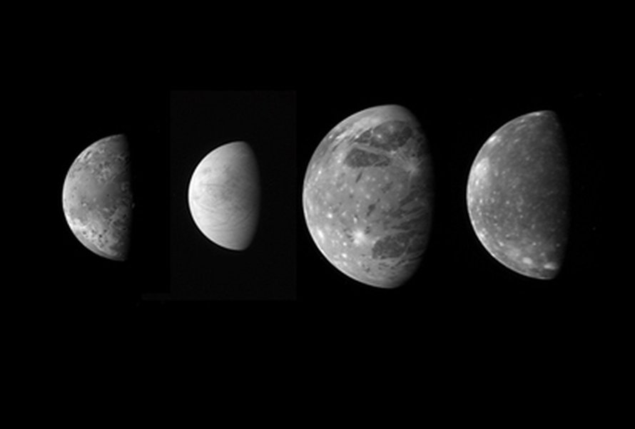 New Horizons kuvasi myös Jupiterin suuret kuut - Ion, Europan, Ganymeden ja Calliston - enätysmäisen tarkasti. Kuva: <span class="photographer">NASA/Johns Hopkins University Applied Physics Laboratory/Southwest Research Institute</span>