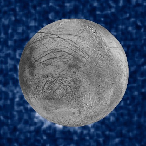 Yhdistelmäkuvassa näkyy kello 7:n kohdalla mahdollisia vesisuihkuja Europan pinnalla. Taustalla on Jupiterin pinta. Kuva: <span class="photographer">Nasa</span>