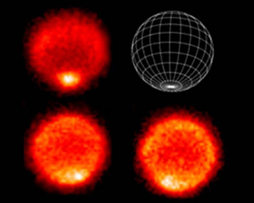 Yläkuvan kuumin (kirkkain) kohta kuvaa lämpötilaa melko lähellä Neptunuksen pintaa. Alla olevat kuvat kartoittavat sen yläkaasukehän lämpöä. Kuva: <span class="photographer">VLT/ESO/NASA/JPL/Pariisin observatorio</span>