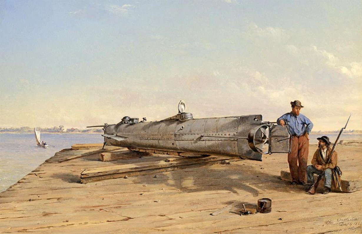 H. L. Hunley oli ensimmäinen sukellusvene, joka upotti toisen aluksen. Samalla se kuitenkin upposi myös itse miehistöineen 1864. Conrad Wise Chapmanin maalaus. Kuva: Wikimedia Commons