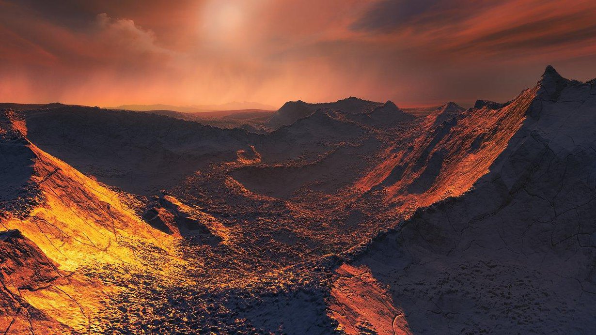 Löydetylle planeetalle luo valoa himmeä punainen kääpiötähti. Taiteilijan näkemys planeetan pinnanmuodoista. Kuva: M. Kornmesser / Eso
