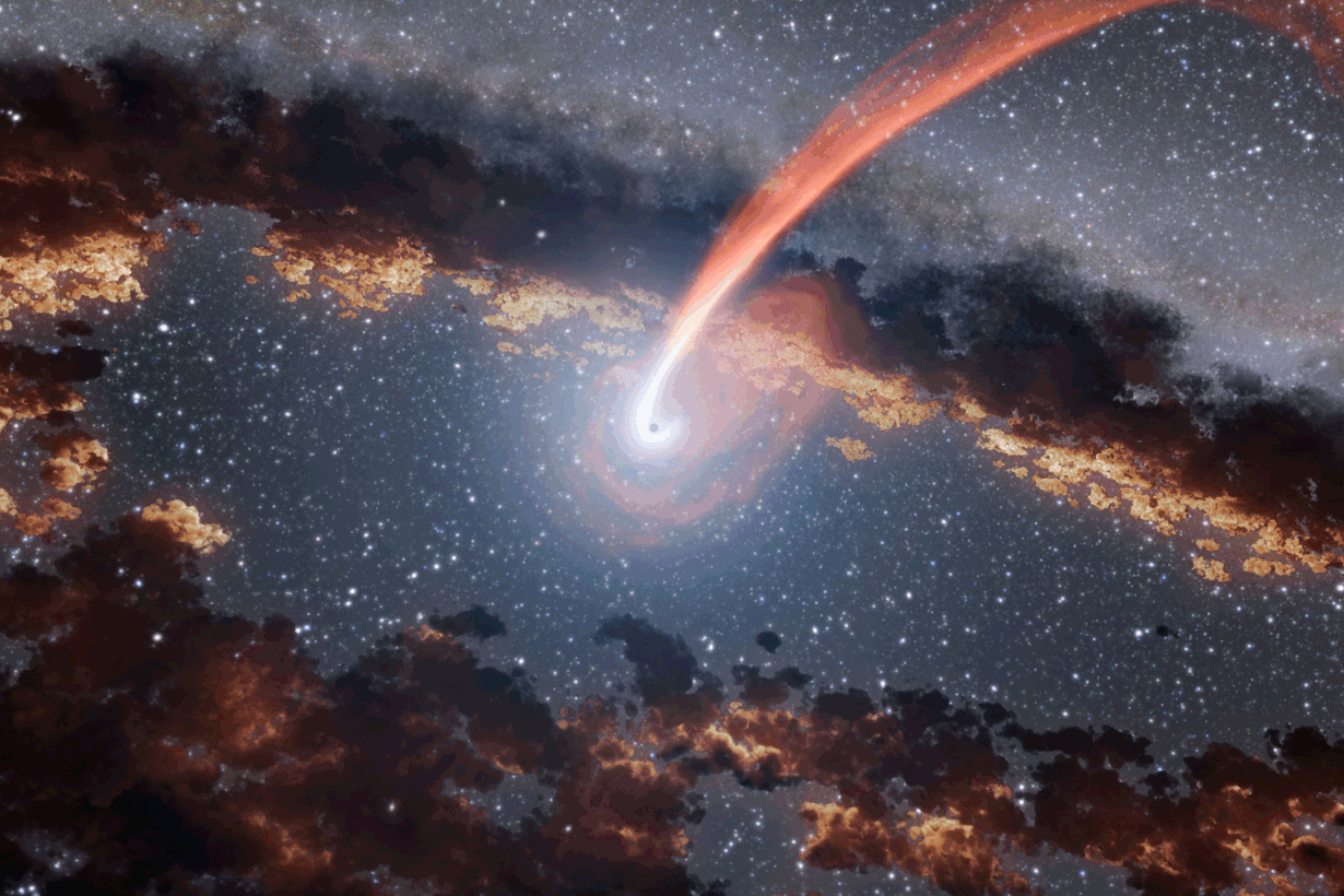 Mustat aukot tuottivat apunsa aterioidessaan. Materian pudotessa aukkoon avaruuteen levisi voimakasta röntgensäteilyä, joka hajotti tehokkaasti vetyatomeja. Kuva: Nasa/JPL-Caltech