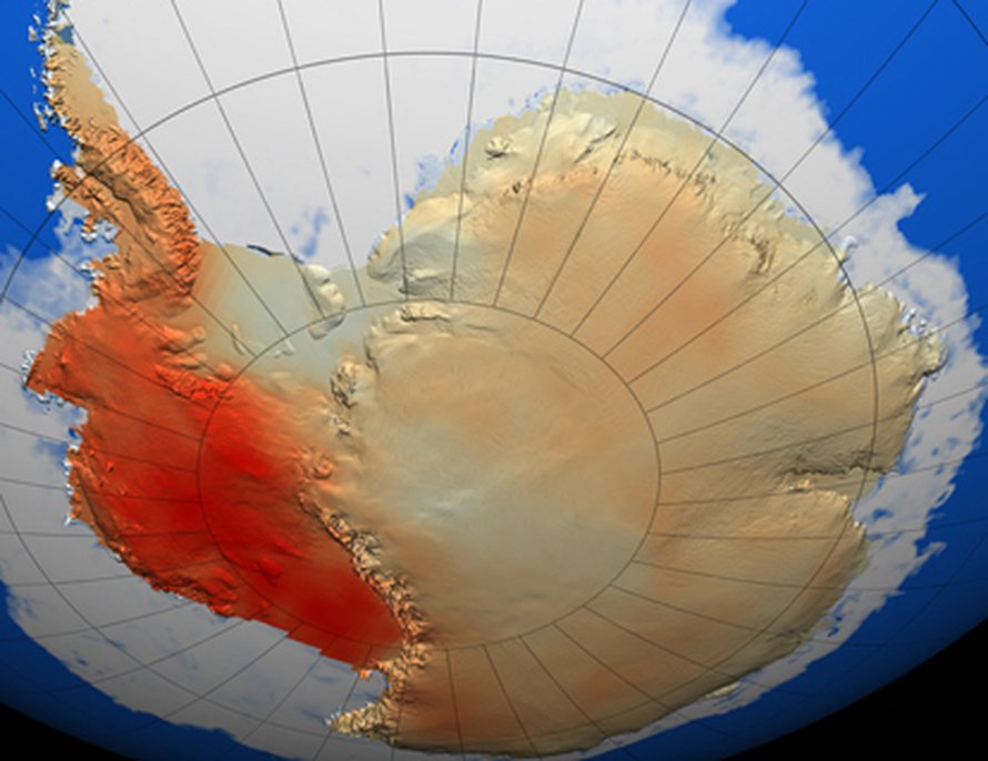 Läntinen Etelämanner on lämmennyt viimeksi kuluneiden 50 vuoden aikana. Tummanpunaisilla alueilla lämpeneminen on ollut voimakkainta. Kuva: <span class="photographer">Nasa</span>