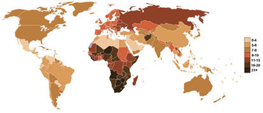 Taloudellisesti vähiten kehittyneissä maissa kuolee joka vuosi yli 20 ihmistä tuhatta asukasta kohden. Kuva: <span class="photographer"><A HREF=http://en.wikipedia.org/wiki/File:Death_rate_world_map.PNG>Wikimedia Commons</A>.</span>