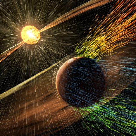 Taiteilijan näkemys siitä, miten aurinkotuulet repivät ioneja Marsin yläilmakehästä. Kuva: <span class="photographer">NASA/GSFC</span>