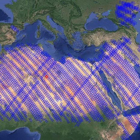 Kuvassa Emitin mittausten reittejä Saharan yllä. Juuri Saharasta kohoavat pölypilvet voivat vaikuttaa koko maapallon ilmastoon. Kuva: <span class="photographer">JPL-Caltech / NASA</span>