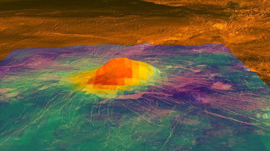 Tulivuori Idunn Mons voi yhä syöstä laavaa naapuriplaneetta Venuksella Imdr Region alueella. Luotain Venus Express mittasi tulivuoren lämpöä vuonna jo 2006. Kuva: <span class="photographer">Nasa</span>