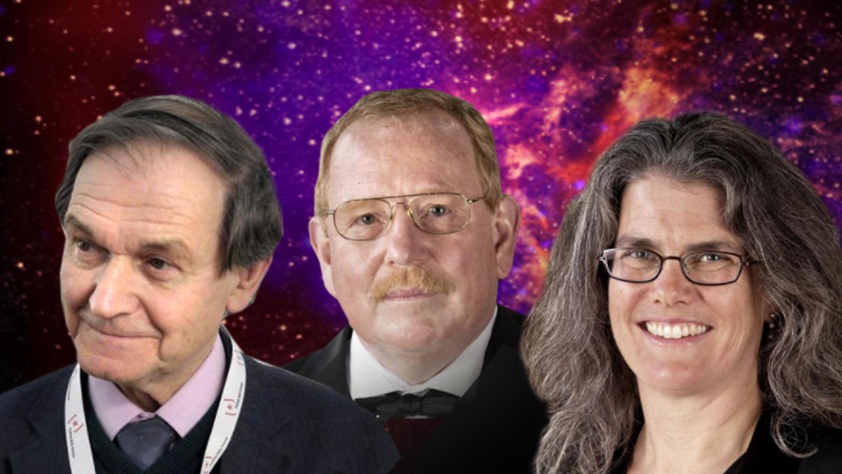 Brittiläinen Sir Roger Penrose, saksalainen Reinhard Genzel ja yhdysvaltalainen Andrea Ghez jakavat palkinnon. Kuva: Nobel-säätiö