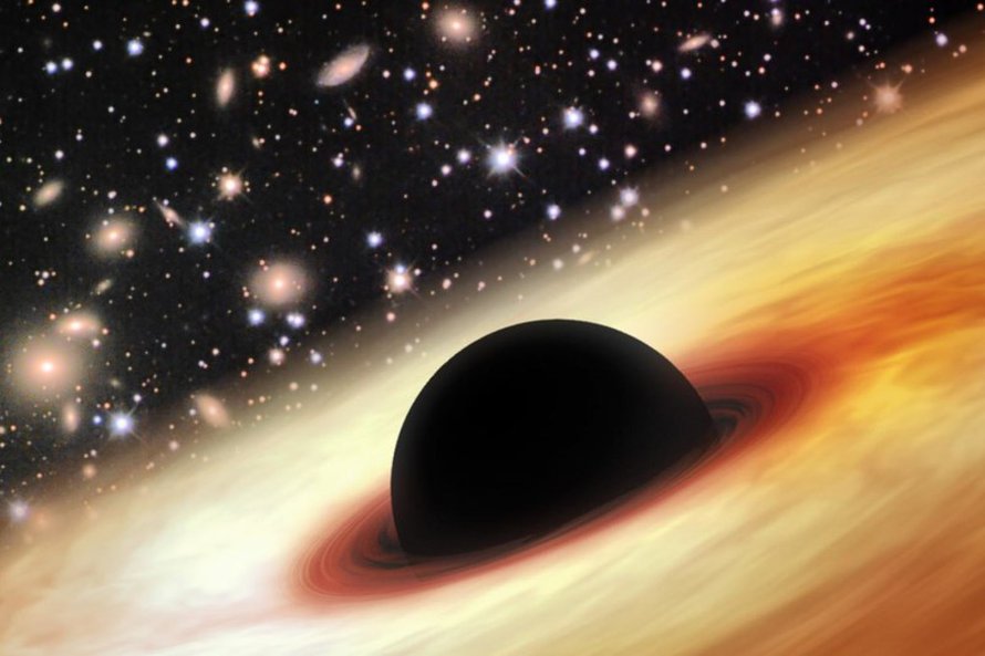 Taiteilijan näkemys hyvin kaukaa
löydetystä supermassiivisesta
mustasta aukosta. Kuva: <span class="photographer">Zhaoyu Li/NASA/JPL-Caltech/Misti
</span>
Mountain Observatory