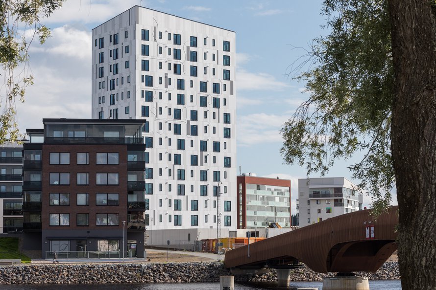 Joensuuhun nousi viime vuonna 14-kerroksinen puutalo. Kuva: <span class="photographer">Arcadia Oy Arkkitehtitoimisto</span>