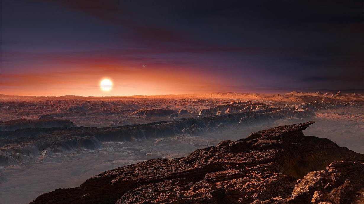 Kuvittajan näkemys siitä, millaista voisi olla Proxima b:n pinnalla. Kuva: M. Kommesser ESO
