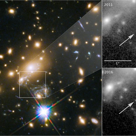 Ikaros näkyy yhdeksän miljardin valovuoden päästä, koska välissä olevan galaksin painovoimalinssi vahvistaa sen valoa. Kuva: <span class="photographer">NASA, ESA, P. Kelly</span>