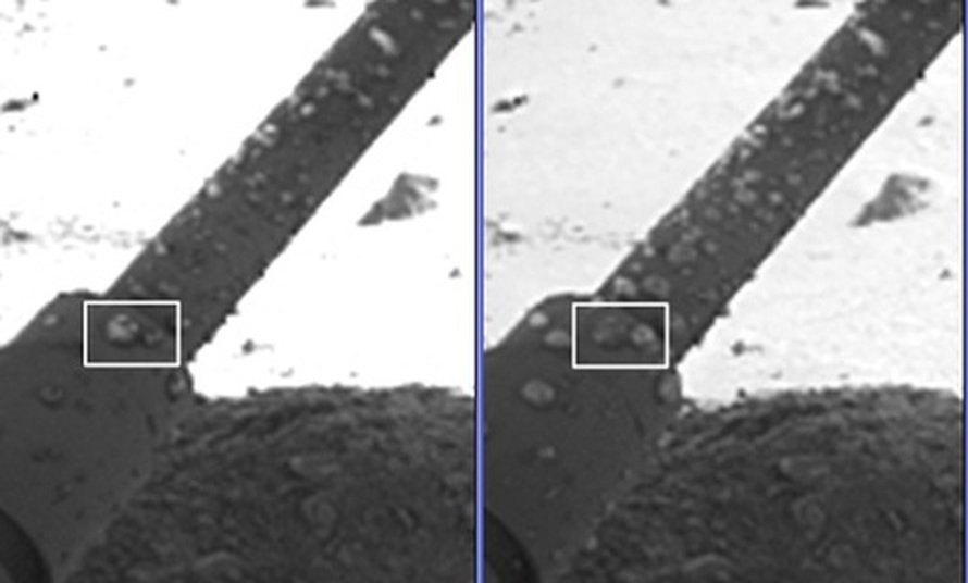 Phoenixin jalassa näkyvät pisarat kasvoivat ajan kuluessa. Kuva: <span class="photographer">NASA/JPL-Caltech/University of Arizona/Max Planck Institute.</span>