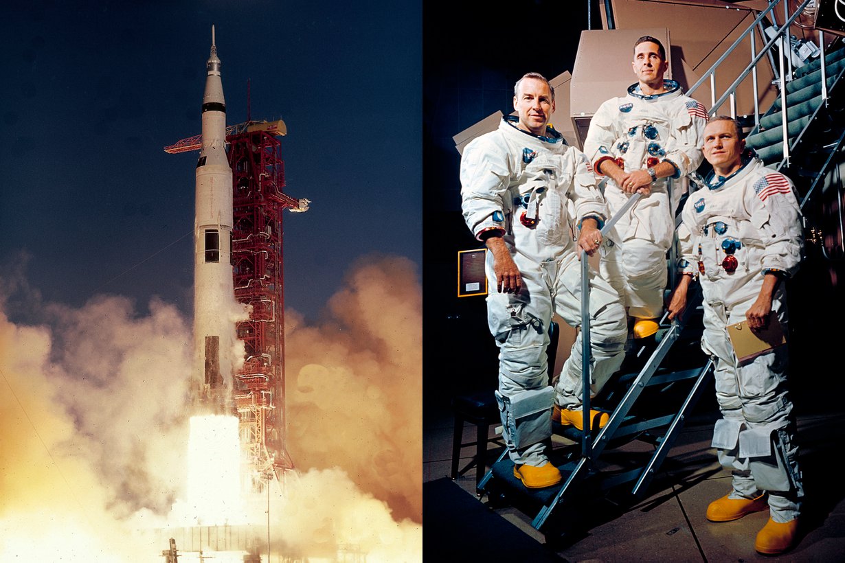 Saturnus V kohosi taivaalle Kennedyn avaruuskeskuksesta Floridasta 21.12.1968. James Lovell, William Anders ja Frank Borman saivat alustavan tiedon lentonsa päämäärästä elokuussa. Lopullinen päätös tuli 12.11., vain viisi viikkoa ennen lähtöä. Kuva: Nasa