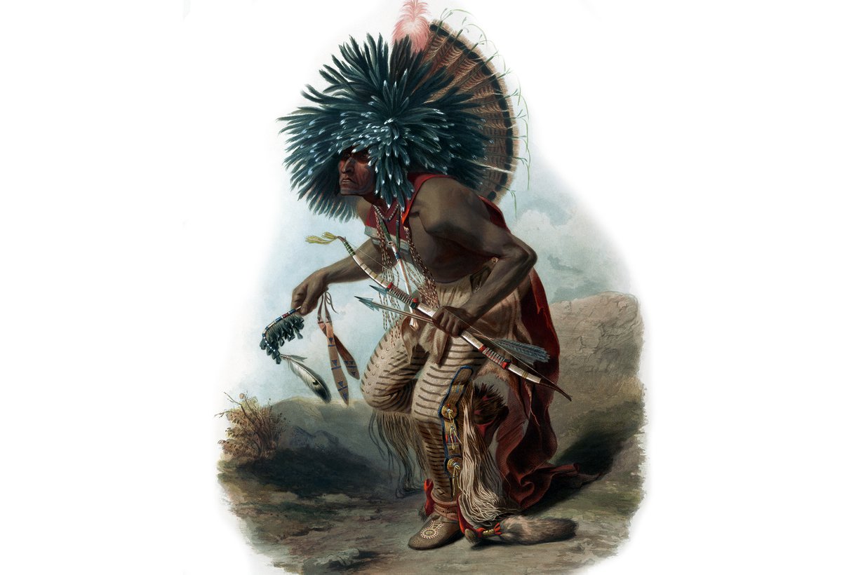 Yksi Amerikan alkuperäisasukkaista, etnonyymisti hidatsa. Kuva: Karl Bodmer, Hidatsojen koirasoturin tanssi, 1834/Wikimedia Commons