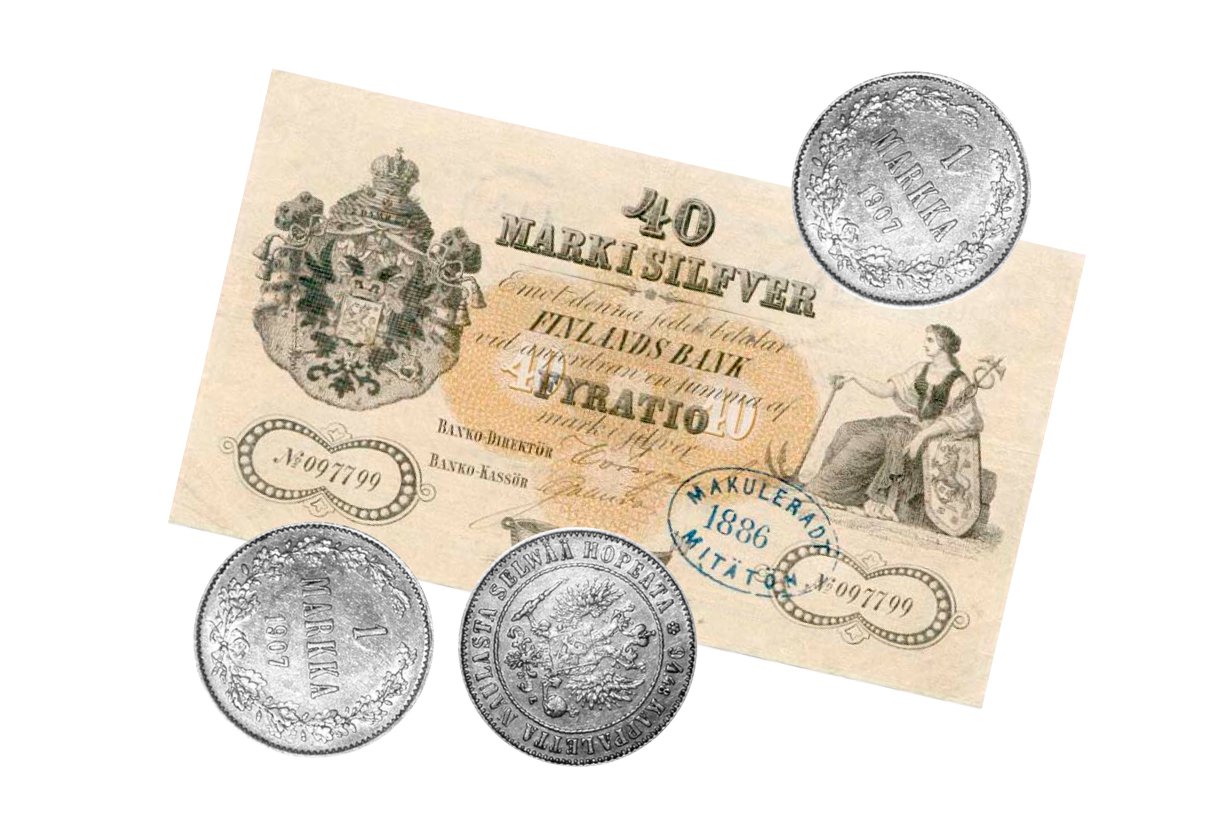 Suomi sai oman markan 1860. Kuva: Sanoma arkisto ja Wikimedia Commons