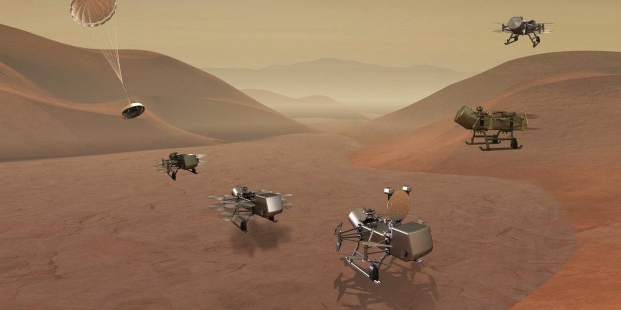 Drafonflyssa on neljä roottoria, joiden avulla se lentää Titanin kaasukehässä yli 20 kertaa. Kuva: Nasa.