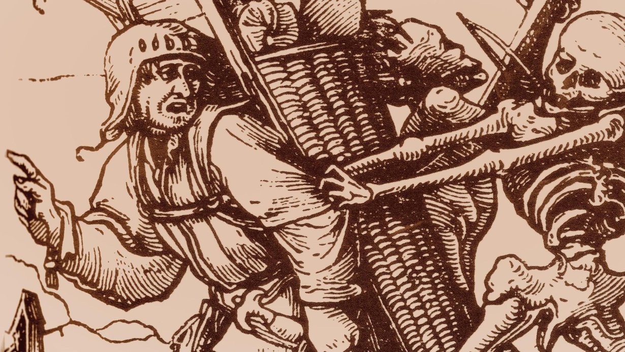 Keskiajan pelottavimpia tauteja oli rutto. Hans Holbein nuoremman puupiirros Kaupustelija ja kuolema.